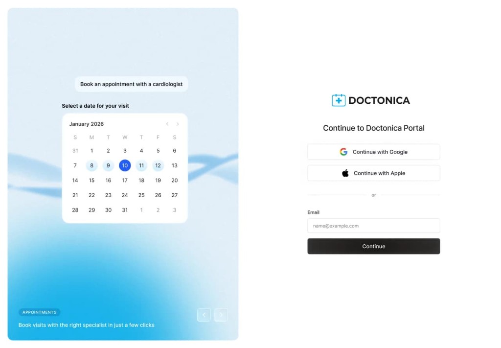 Doctonica patient web portal — booking and login screens